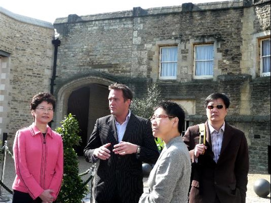 Secretary for Development, Mrs Carrie Lam, visiting Oxford Castle. Next to her is the General Manager of Oxford Castle, Mr Jean-Pierre Morilleau.