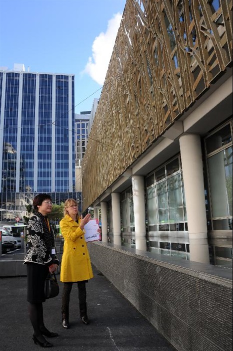 Mrs Lam is briefed on the special architectural features of the new New Zealand Supreme Court building in Wellington today (May 5).