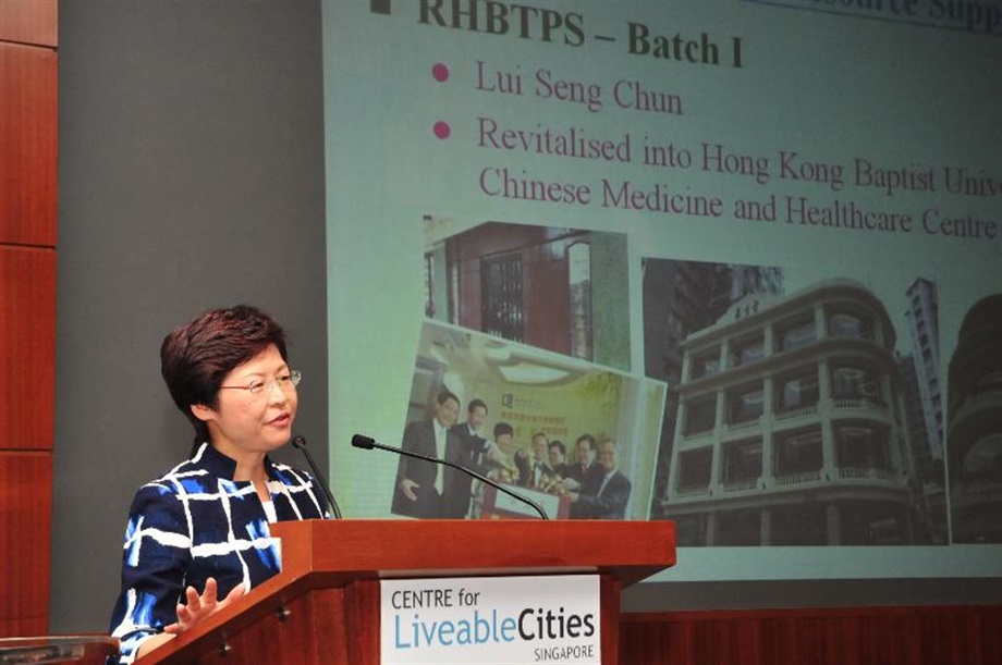 The Secretary for Development, Mrs Carrie Lam, makes a presentation at a public lecture jointly organised by the Centre for Liveable Cities and the Lee Kuan Yew School of Public Policy in Singapore today (May 17) on the efforts and achievements of the Hong Kong Special Administrative Region Government to preserve and revitalise Hong Kong's historic buildings in the past five years.