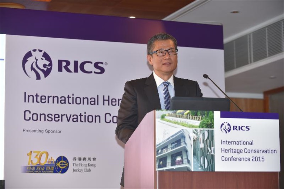 The Secretary for Development, Mr Paul Chan, speaks at the opening ceremony of the Royal Institution of Chartered Surveyors International Heritage Conservation Conference 2015 today (January 9).