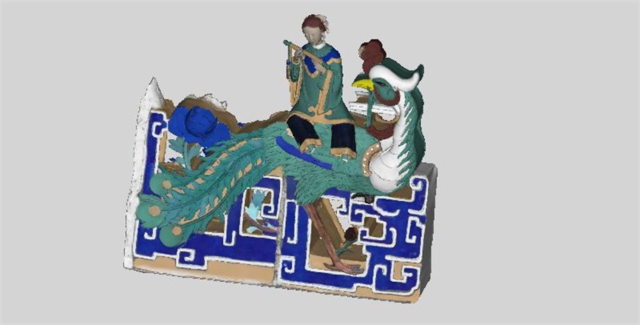 An opening ceremony for the "Craft and Technology: Applications of three-dimensional laser scanning for heritage conservation and education" exhibition was held today (September 19) at the Hong Kong Heritage Discovery Centre. Photo shows a 3D mesh model of the ceramic sculpture of "Inviting Phoenix by Flute-playing" from the roof ridge of Man Mo Temple in Sheung Wan.