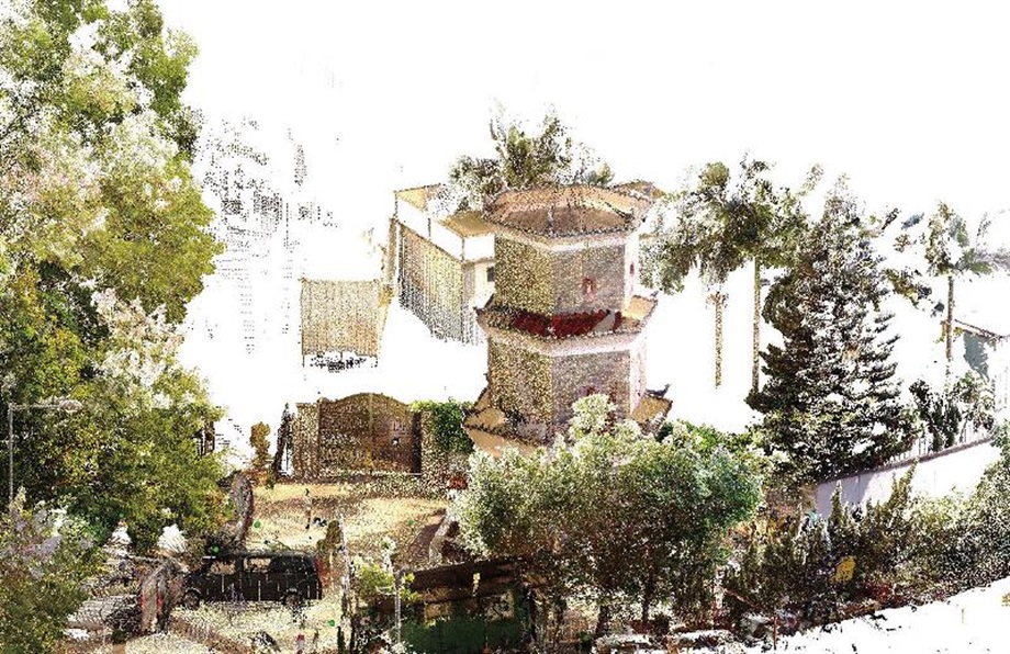 An opening ceremony for the "Craft and Technology: Applications of three-dimensional laser scanning for heritage conservation and education" exhibition was held today (September 19) at the Hong Kong Heritage Discovery Centre. Photo shows a "point cloud" image of the Tsui Sing Lau Pagoda and its environs.