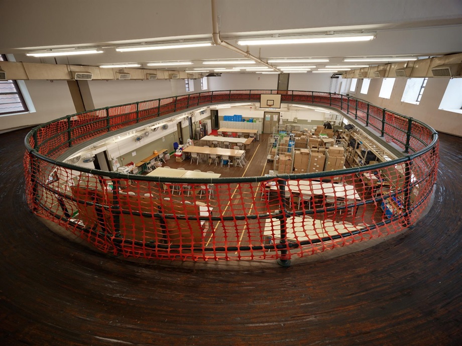 The Government gazetted today (October 20) the declaration of the Chinese YMCA of Hong Kong in Sheung Wan as a monument under the Antiquities and Monuments Ordinance. Photo shows the elevated wok-shaped timber running track supported by a cantilever structure in the gymnasium of the Chinese YMCA of Hong Kong.